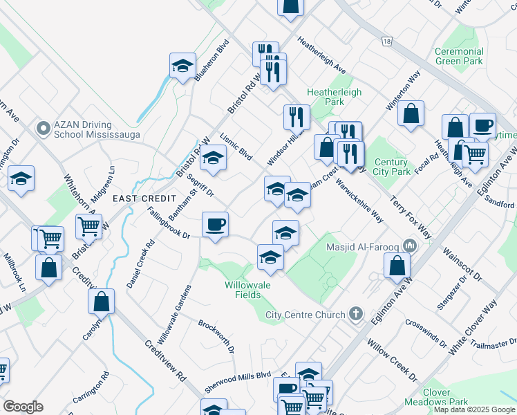 map of restaurants, bars, coffee shops, grocery stores, and more near 1166 Barleymow Street in Mississauga