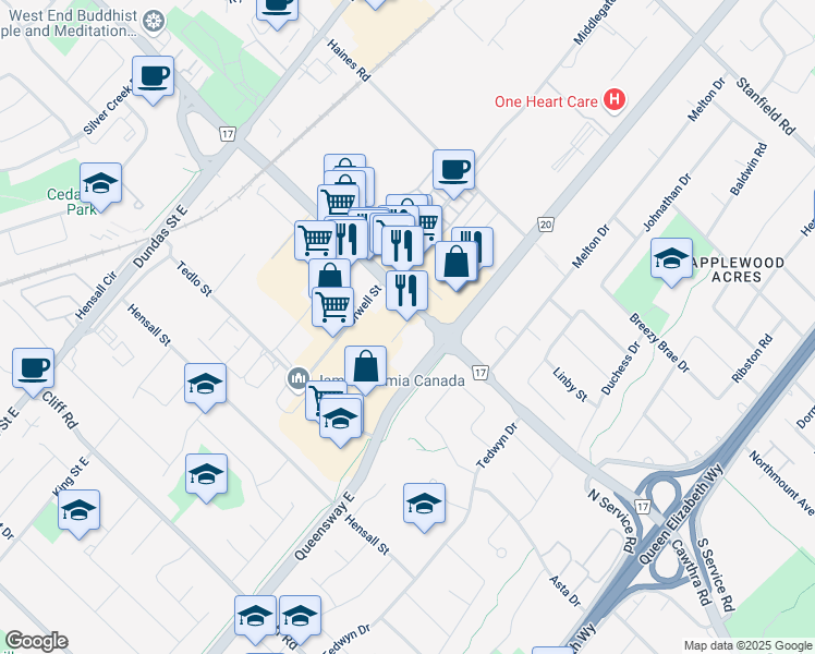 map of restaurants, bars, coffee shops, grocery stores, and more near 655 Queensway East in Mississauga