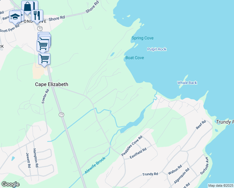 map of restaurants, bars, coffee shops, grocery stores, and more near 40 Boat Cove Road in Cape Elizabeth