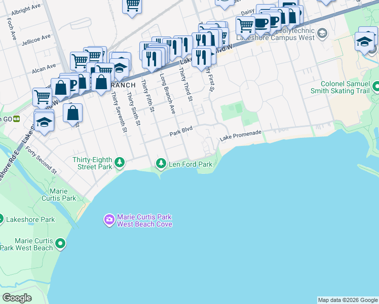 map of restaurants, bars, coffee shops, grocery stores, and more near 240 Lake Promenade in Toronto