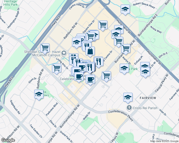 map of restaurants, bars, coffee shops, grocery stores, and more near 388 Duke of York Boulevard in Mississauga