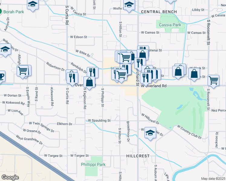 map of restaurants, bars, coffee shops, grocery stores, and more near 5220 Bel Air Street in Boise