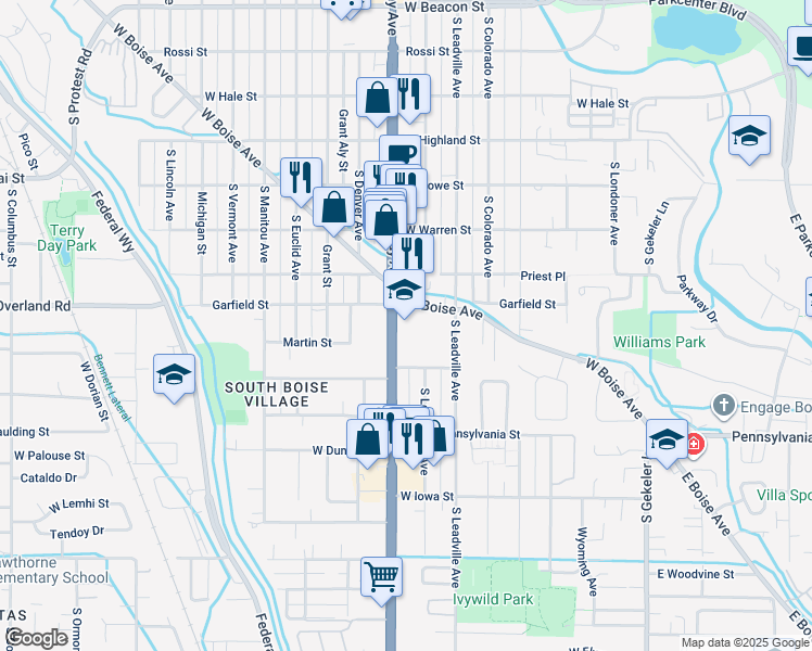 map of restaurants, bars, coffee shops, grocery stores, and more near 1914 Broadway Avenue in Boise