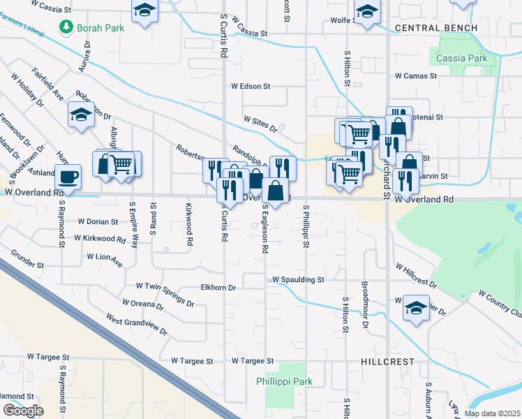 map of restaurants, bars, coffee shops, grocery stores, and more near 5613W West Overland Road in Boise