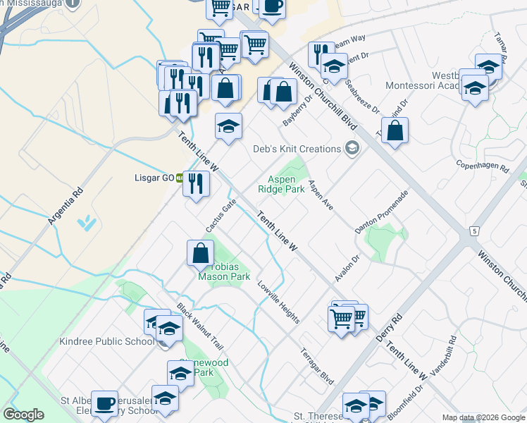 map of restaurants, bars, coffee shops, grocery stores, and more near 7302 Aldercrest Drive in Mississauga
