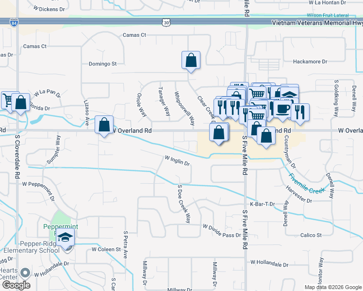 map of restaurants, bars, coffee shops, grocery stores, and more near 11059 West Overland Road in Boise