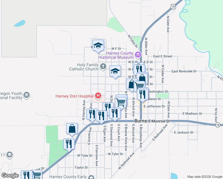 map of restaurants, bars, coffee shops, grocery stores, and more near in Burns