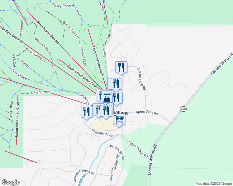 map of restaurants, bars, coffee shops, grocery stores, and more near 7511 Granite Loop Road in Teton Village