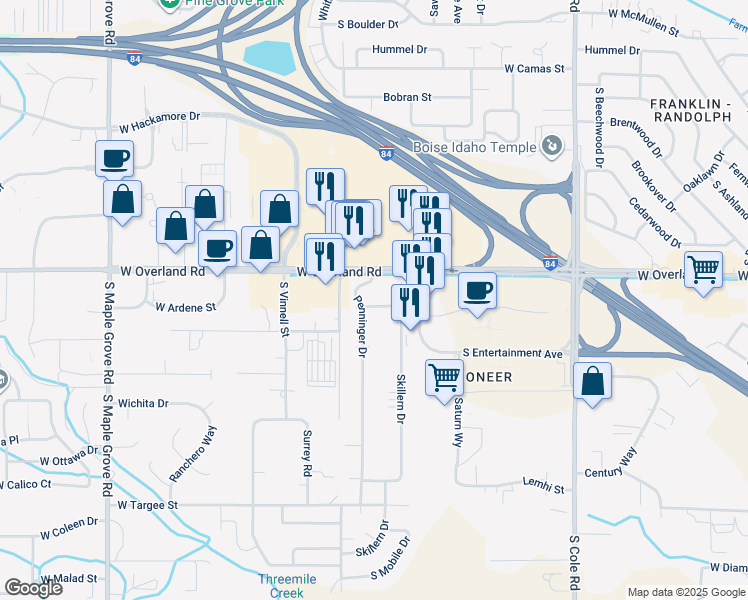 map of restaurants, bars, coffee shops, grocery stores, and more near 8020 Dorian Street in Boise