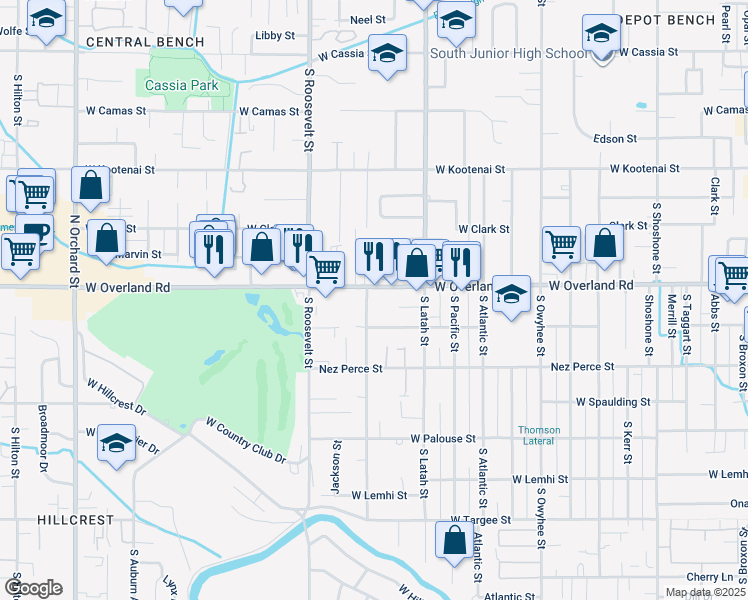 map of restaurants, bars, coffee shops, grocery stores, and more near 3918 West Overland Road in Boise