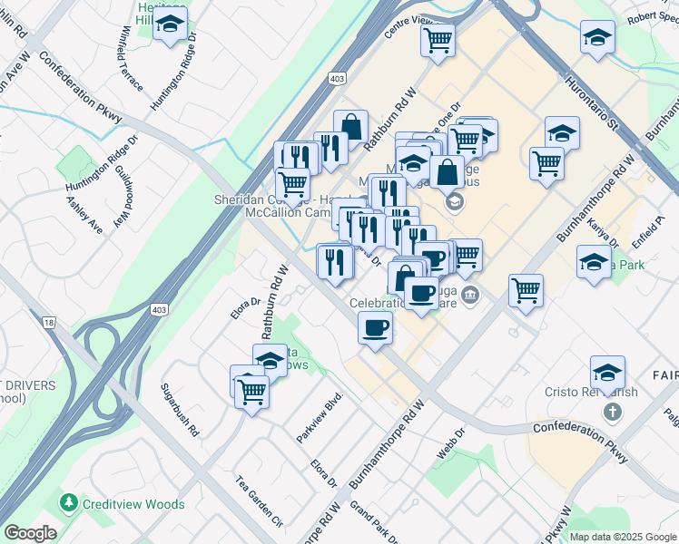 map of restaurants, bars, coffee shops, grocery stores, and more near 383 Prince of Wales Drive in Mississauga