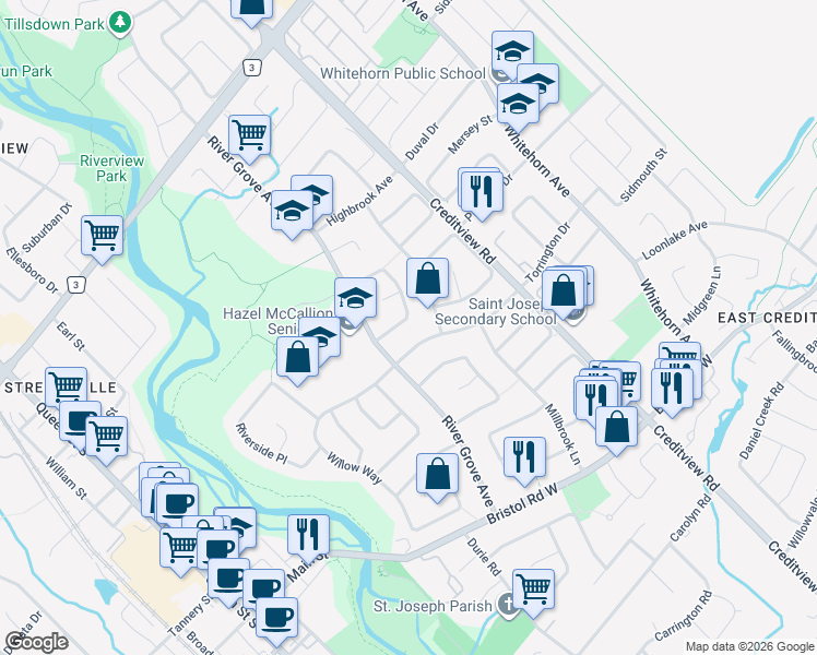 map of restaurants, bars, coffee shops, grocery stores, and more near 5715 Riverdale Crescent in Mississauga