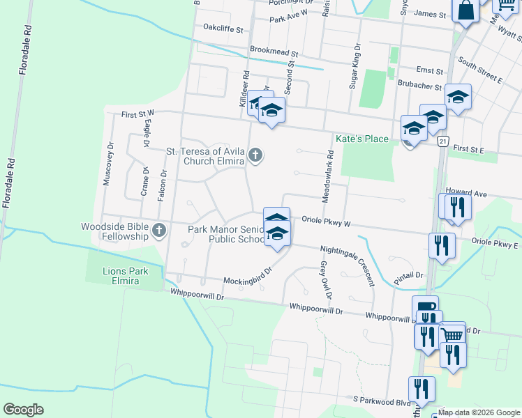 map of restaurants, bars, coffee shops, grocery stores, and more near 110 Oriole Parkway in Elmira