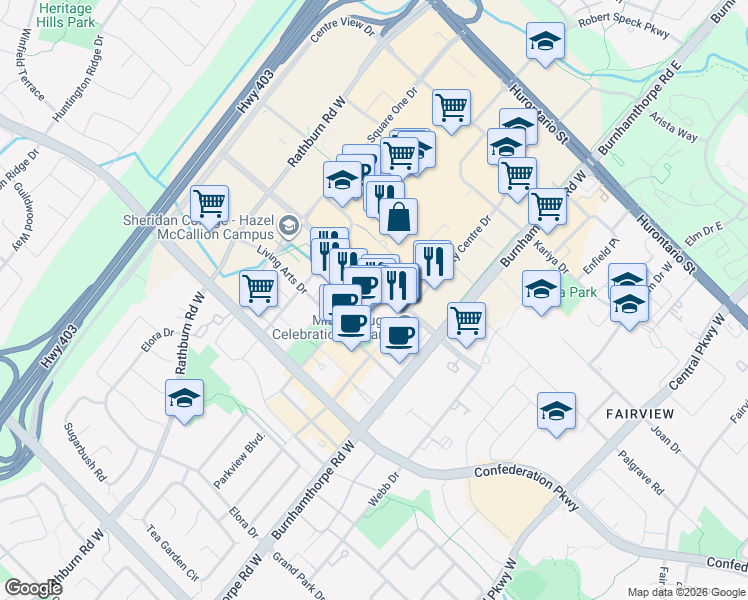 map of restaurants, bars, coffee shops, grocery stores, and more near 300 Duke of York Boulevard in Mississauga