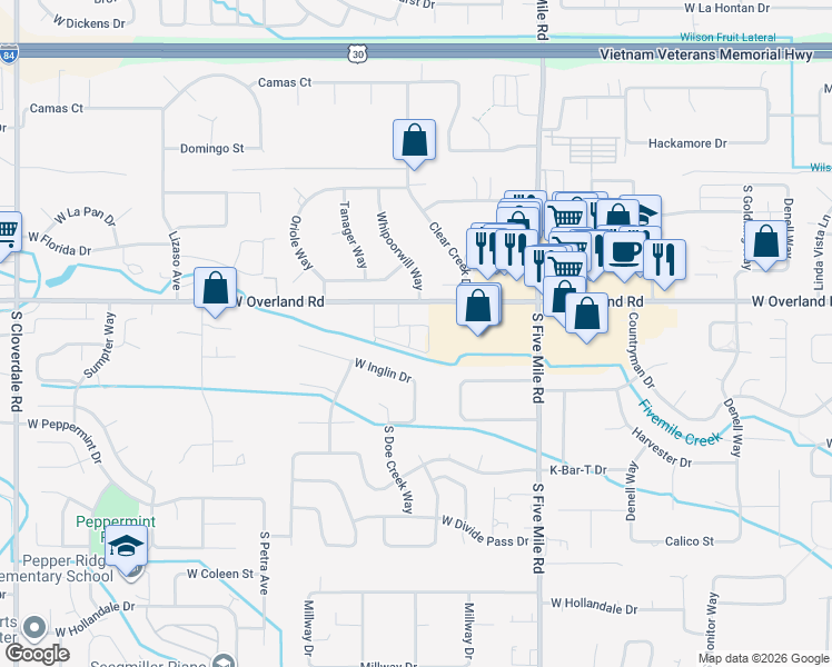 map of restaurants, bars, coffee shops, grocery stores, and more near 11965 West Overland Road in Boise
