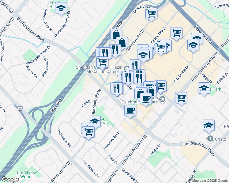 map of restaurants, bars, coffee shops, grocery stores, and more near 365 Square One Drive in Mississauga