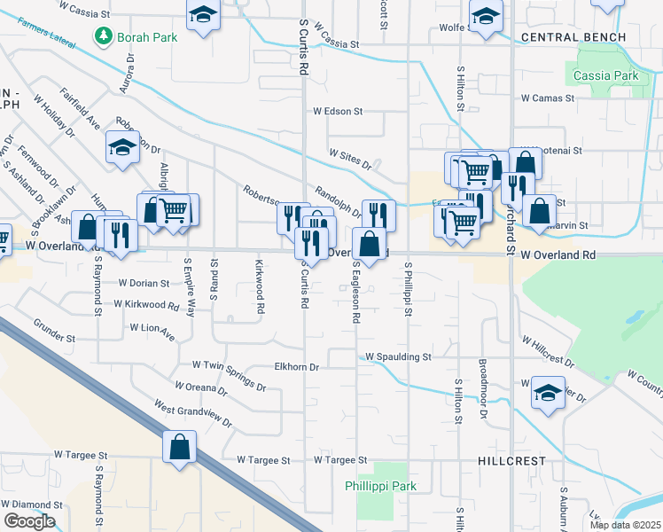 map of restaurants, bars, coffee shops, grocery stores, and more near in Boise