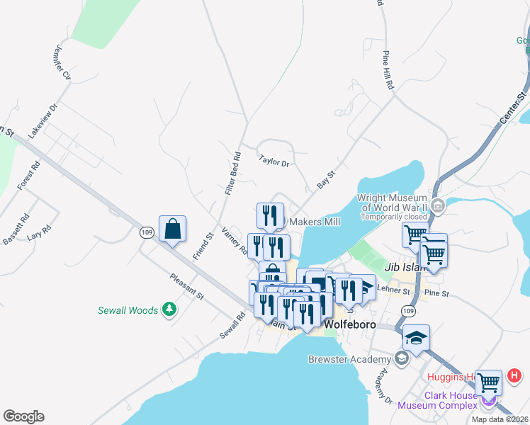 map of restaurants, bars, coffee shops, grocery stores, and more near 15 King Street in Wolfeboro