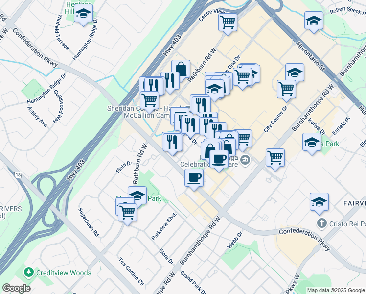 map of restaurants, bars, coffee shops, grocery stores, and more near 370 Square One Drive in Mississauga