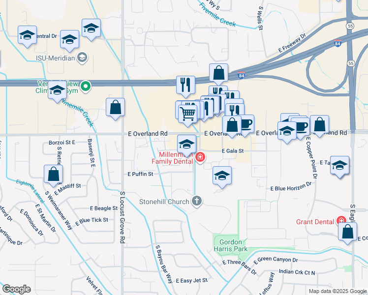 map of restaurants, bars, coffee shops, grocery stores, and more near 2045 East Overland Road in Meridian