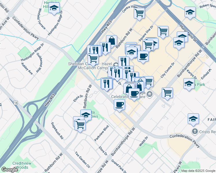 map of restaurants, bars, coffee shops, grocery stores, and more near in Mississauga