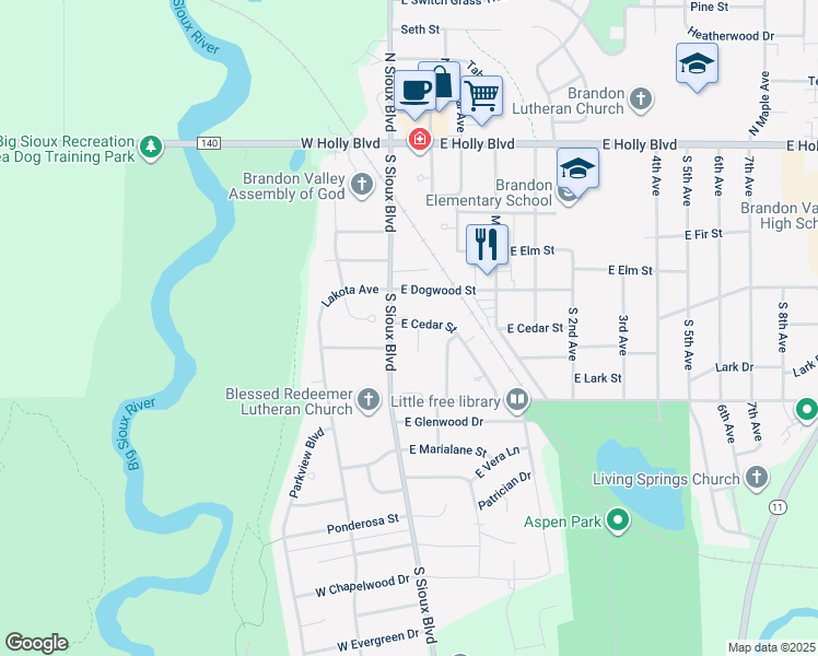 map of restaurants, bars, coffee shops, grocery stores, and more near 100-282 E Cedar St in Brandon