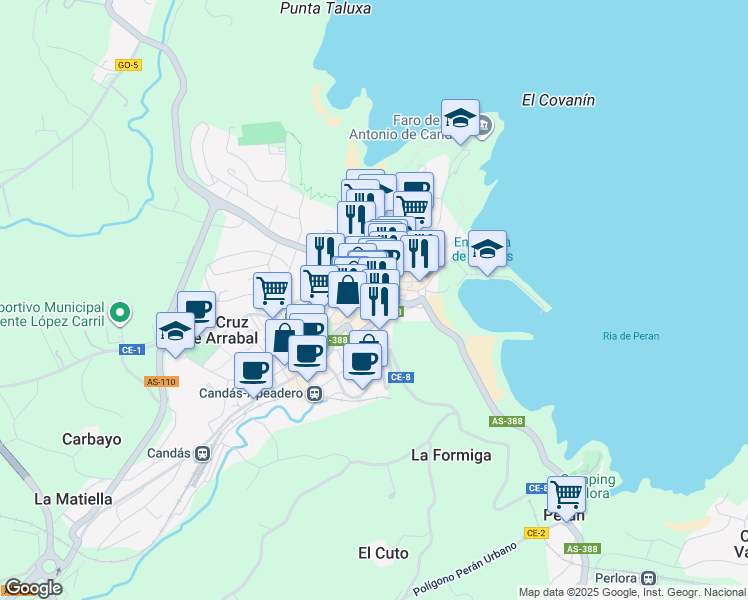 map of restaurants, bars, coffee shops, grocery stores, and more near 8 Calle Doctor Braulio Busto in Candás