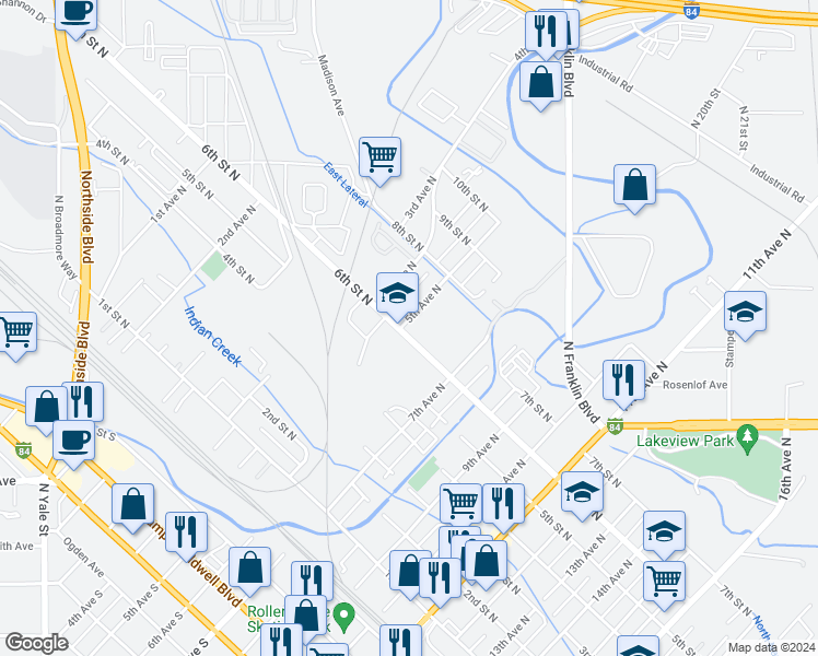 map of restaurants, bars, coffee shops, grocery stores, and more near 504 6th Street North in Nampa