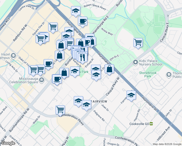 map of restaurants, bars, coffee shops, grocery stores, and more near 3589 Kariya Drive in Mississauga