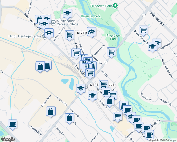 map of restaurants, bars, coffee shops, grocery stores, and more near 21 Queen Street North in Mississauga