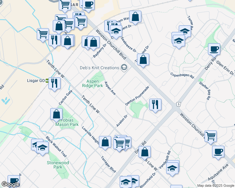 map of restaurants, bars, coffee shops, grocery stores, and more near 7207 Aspen Avenue in Mississauga