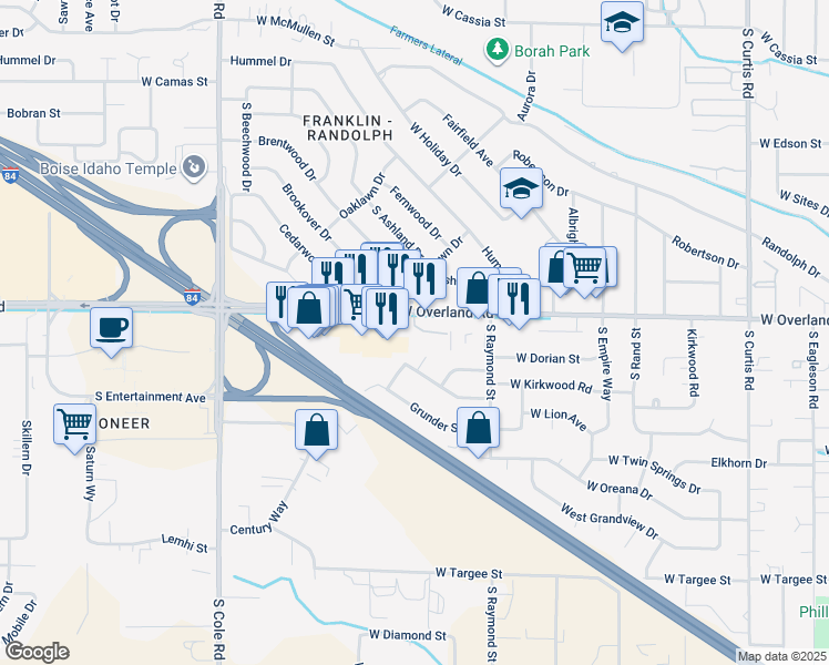 map of restaurants, bars, coffee shops, grocery stores, and more near 6841 West Overland Road in Boise