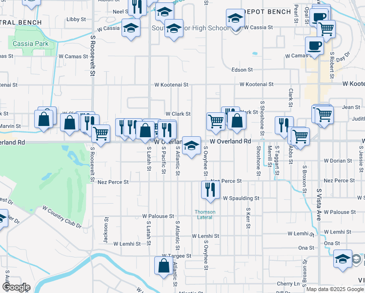 map of restaurants, bars, coffee shops, grocery stores, and more near 3575 West Overland Road in Boise