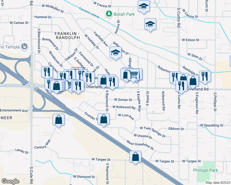 map of restaurants, bars, coffee shops, grocery stores, and more near 6500 West Overland Road in Boise