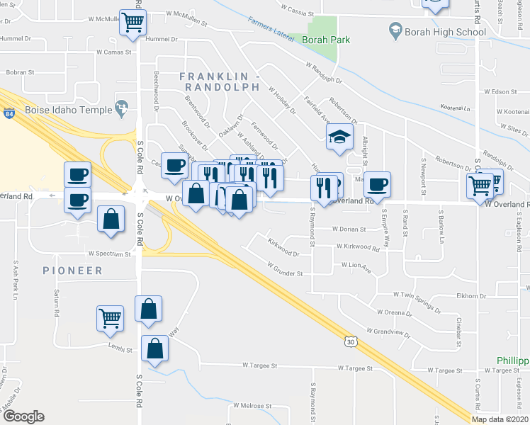 map of restaurants, bars, coffee shops, grocery stores, and more near 6803 West Overland Road in Boise