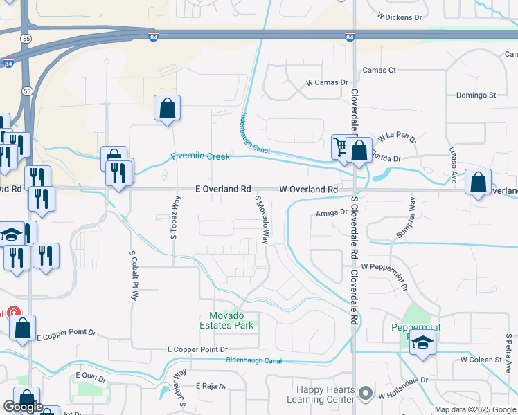map of restaurants, bars, coffee shops, grocery stores, and more near 4225 East Overland Road in Meridian