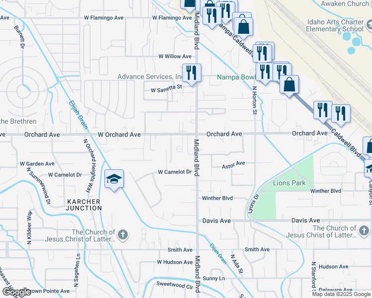map of restaurants, bars, coffee shops, grocery stores, and more near 621 North Midland Boulevard in Nampa