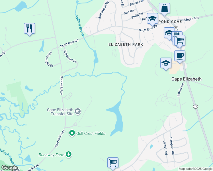 map of restaurants, bars, coffee shops, grocery stores, and more near 43 Longfellow Drive in Cape Elizabeth