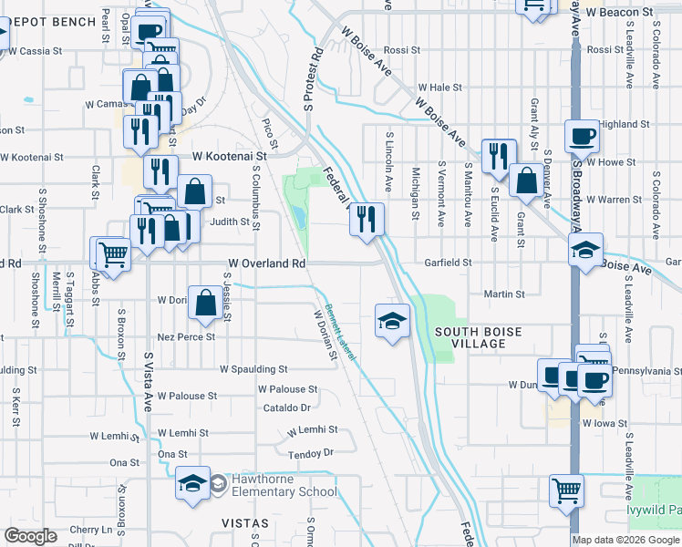 map of restaurants, bars, coffee shops, grocery stores, and more near 1885 West Overland Road in Boise