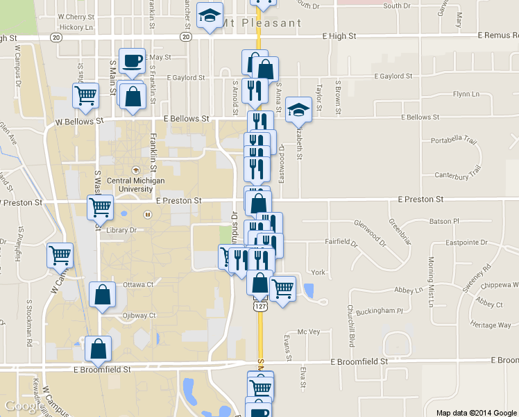 map of restaurants, bars, coffee shops, grocery stores, and more near U.S. 127 Business in Mount Pleasant