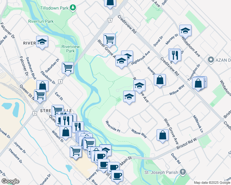 map of restaurants, bars, coffee shops, grocery stores, and more near 5800 River Grove Avenue in Mississauga