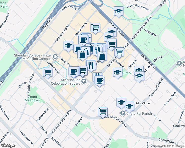 map of restaurants, bars, coffee shops, grocery stores, and more near 180 City Centre Drive in Mississauga