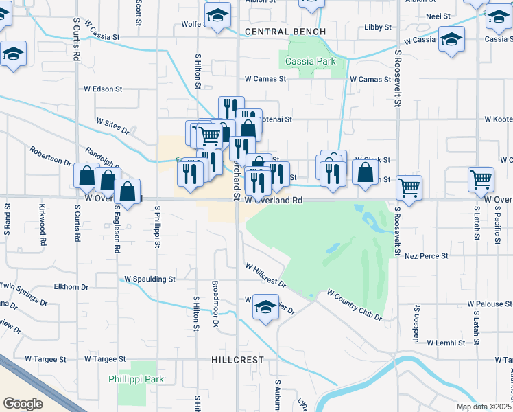 map of restaurants, bars, coffee shops, grocery stores, and more near 4920 West Overland Road in Boise