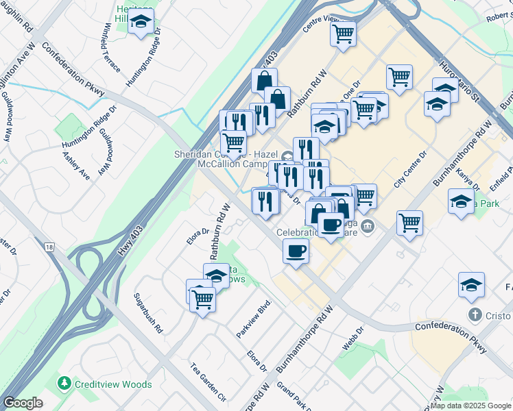map of restaurants, bars, coffee shops, grocery stores, and more near 395 Square One Drive in Mississauga