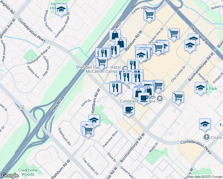 map of restaurants, bars, coffee shops, grocery stores, and more near 395 Square One Drive in Mississauga