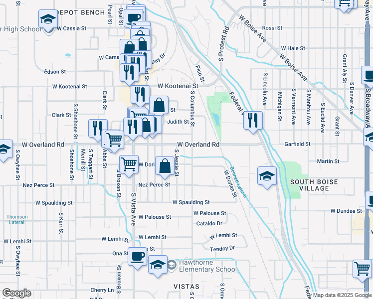 map of restaurants, bars, coffee shops, grocery stores, and more near 2218 West Overland Road in Boise