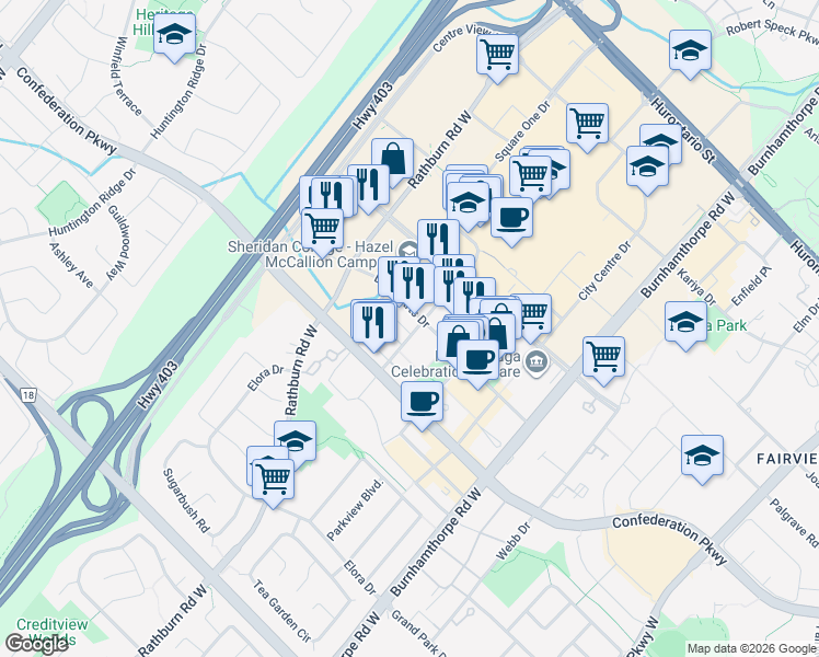 map of restaurants, bars, coffee shops, grocery stores, and more near 2211-365 Prince of Wales Drive in Mississauga