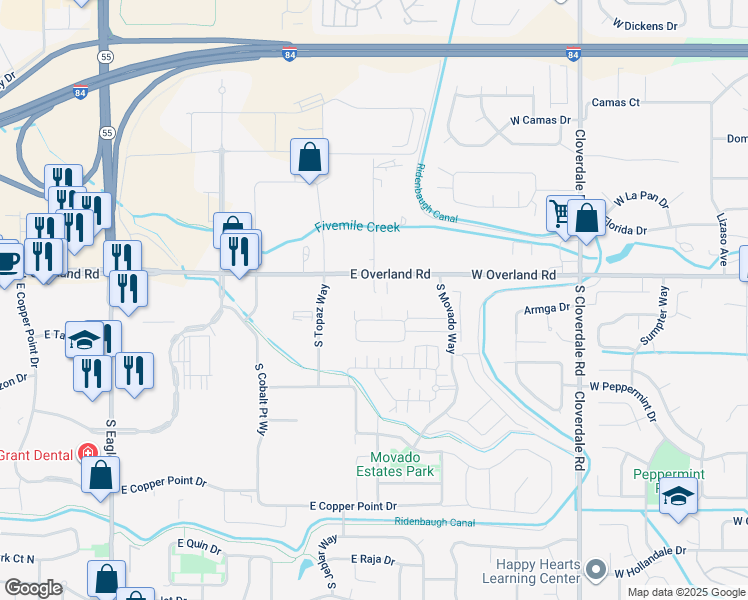 map of restaurants, bars, coffee shops, grocery stores, and more near 4107 East Overland Road in Meridian