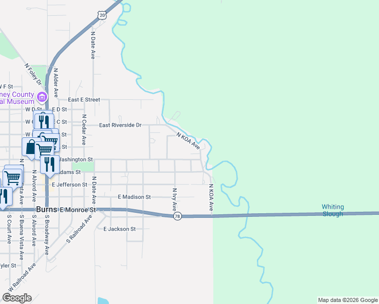 map of restaurants, bars, coffee shops, grocery stores, and more near 476 North Koa Avenue in Burns