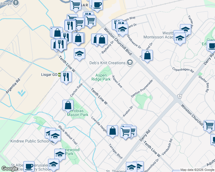 map of restaurants, bars, coffee shops, grocery stores, and more near 3099 Baytree Court in Mississauga